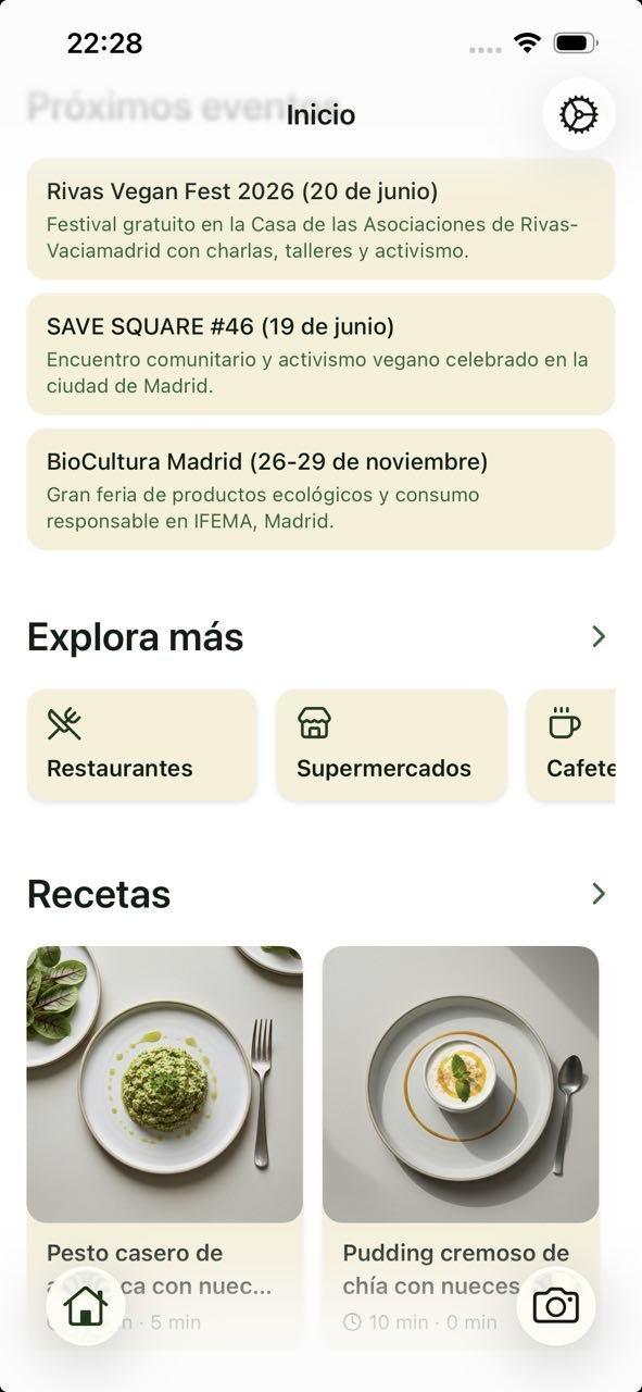 veganoasis home screen with upcoming vegan events, places to explore, and recipes.